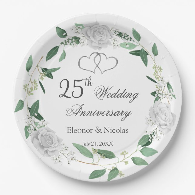 White Roses Greenery 25th Wedding Anniversary Paper Plates (Front)