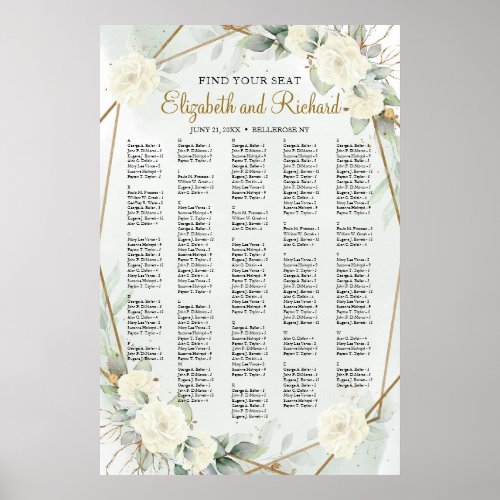 White Roses Greenery Alphabetical Seating Chart