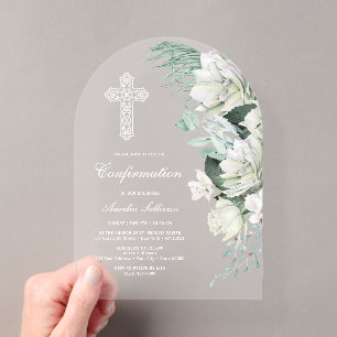White Roses Greenery Arch Confirmation Acrylic Invitations