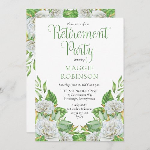 White Roses Greenery Boho Floral Retirement Party Invitation