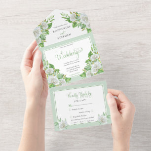 White Roses Greenery Boho Floral Wedding All In One Invitation