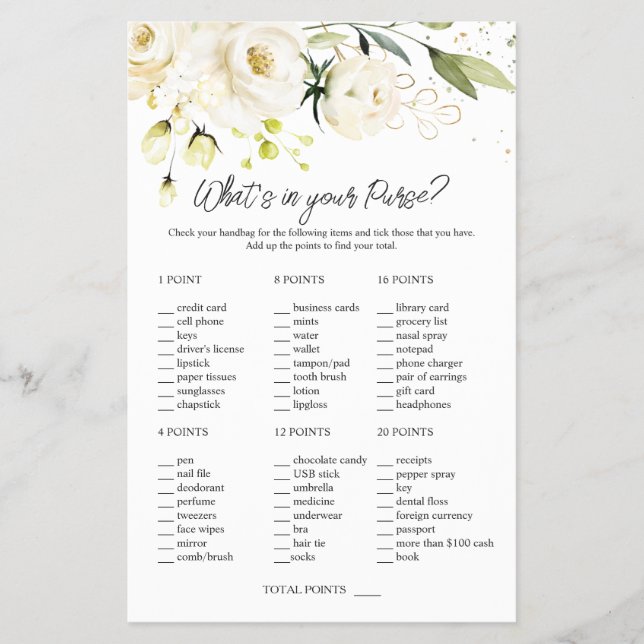 White Roses Greenery Bridal What's in Your Purse Flyer (Front)