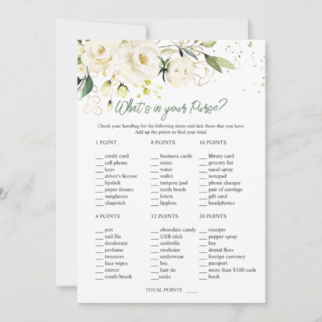 White Roses Greenery Bridal What's in Your Purse Invitation (Front)