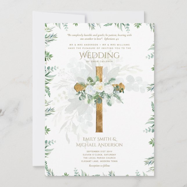 White Roses Greenery Christian Wedding Bible Verse Invitation (Front)