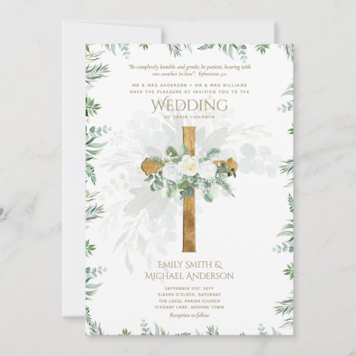 White Roses Greenery Christian Wedding Bible Verse Invitation