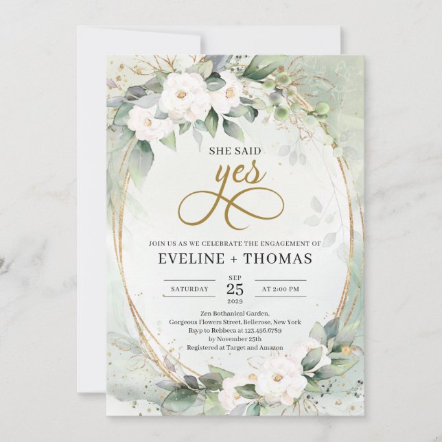 White roses greenery eucalyptus gold she said yes invitation (Front)