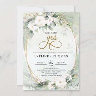 White roses greenery eucalyptus gold she said yes invitation