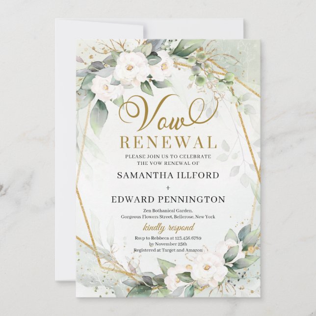 White roses greenery eucalyptus gold vow renewal invitation (Front)