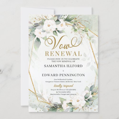 White roses greenery eucalyptus gold vow renewal invitation