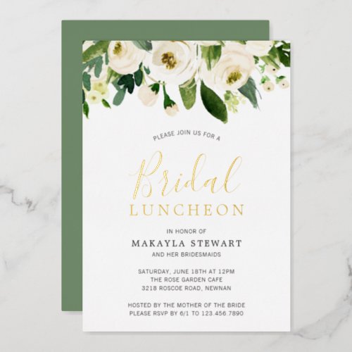 White Roses Greenery Floral Bridal Luncheon Gold Foil Invitation