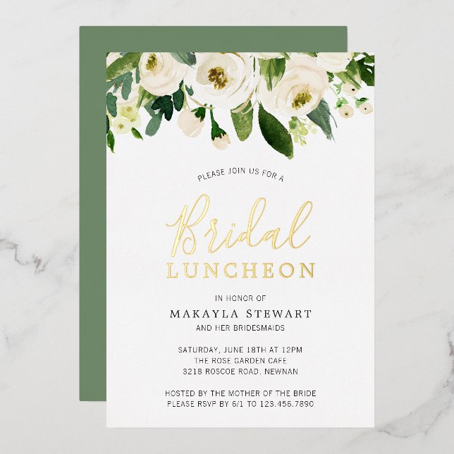 White Roses Greenery Floral Bridal Luncheon Gold Foil Invitation (Front/Back)