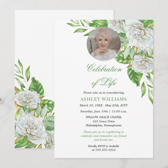 White Roses | Greenery Floral Celebration of Life Invitation (Front/Back)