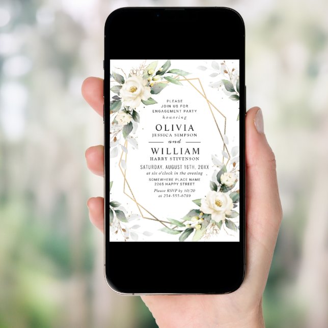 White Roses Greenery Floral Engagement Party Invitation (Front Digital)