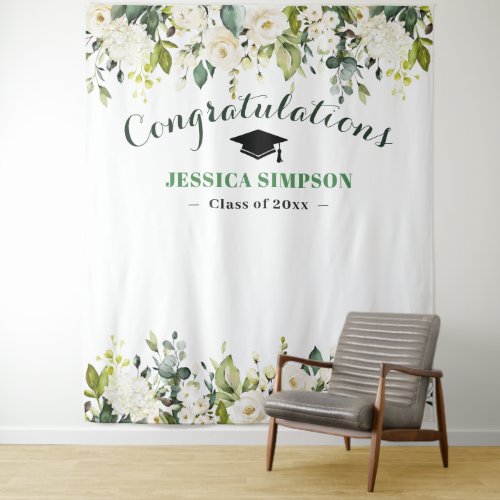 White Roses Greenery Floral Photo Grad Backdrop