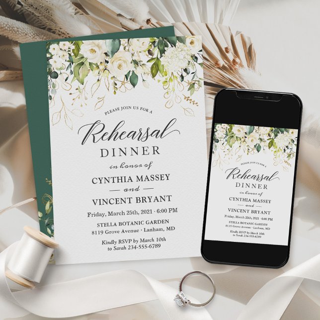 White Roses Greenery Floral Rehearsal Dinner Invitation (Creator Uploaded)