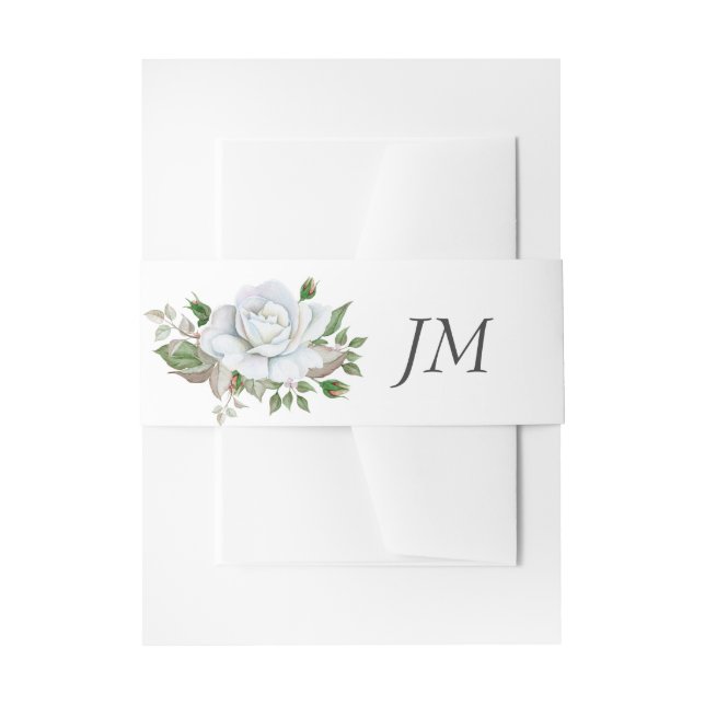 White Roses Greenery Foliage Monogram Wedding Invitation Belly Band (Front Example)