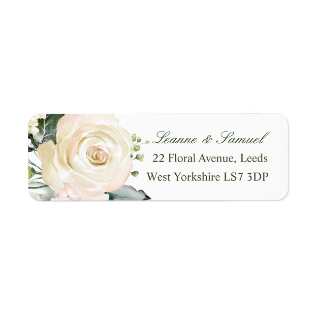 White Roses Greenery Foliage return address Label (Front)