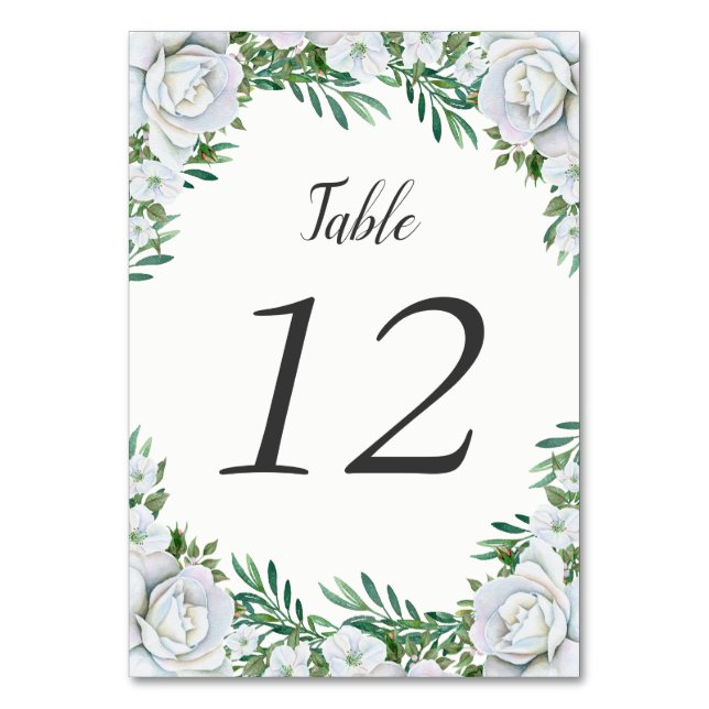 White Roses Greenery Foliage Table Number Cards (Front)