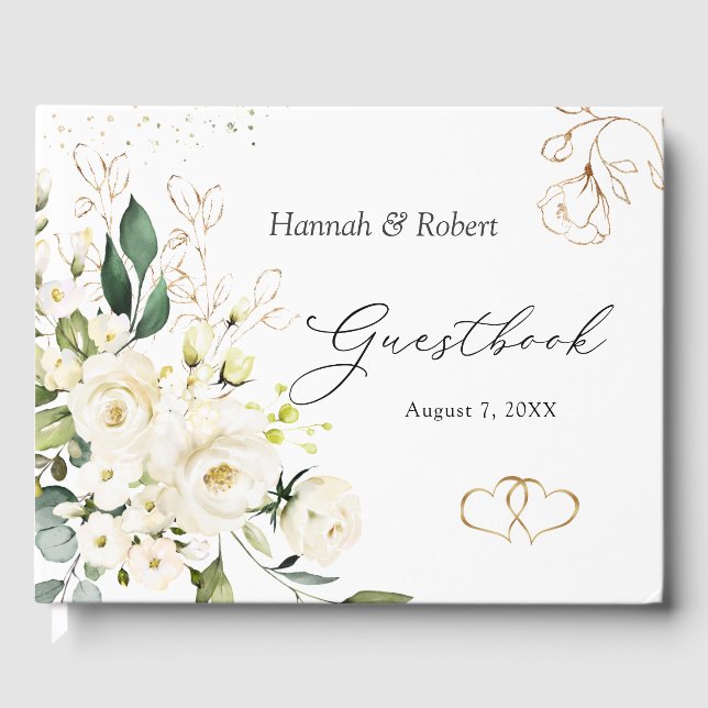 White Roses Greenery Foliage Wedding Guest Book (Front)