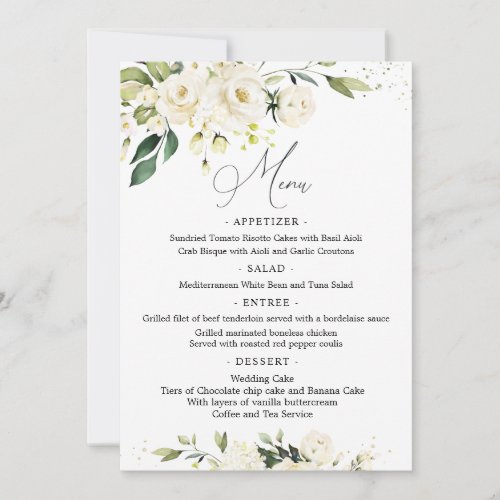 White Roses Greenery Foliage Wedding Menu Invitation