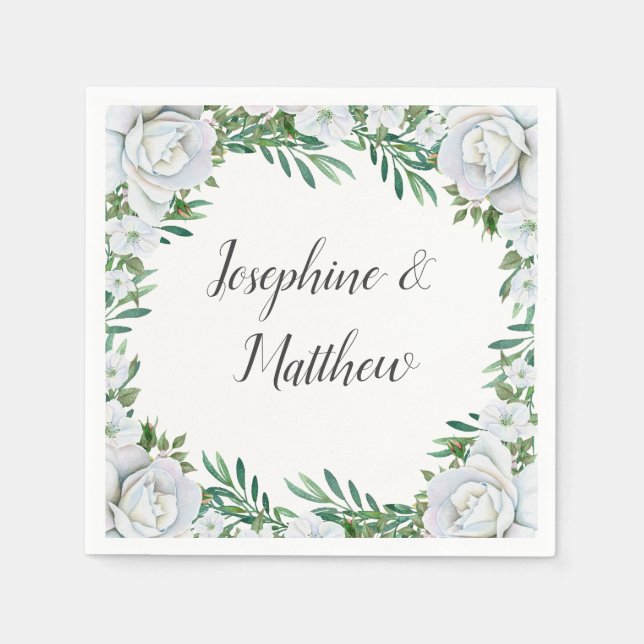 White Roses Greenery Foliage Wedding Napkins (Front)