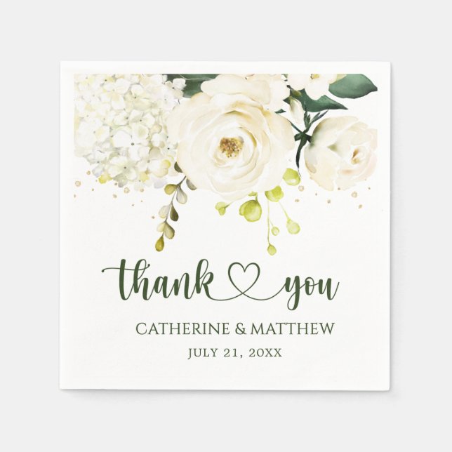 White Roses Greenery Foliage Wedding Napkins (Front)