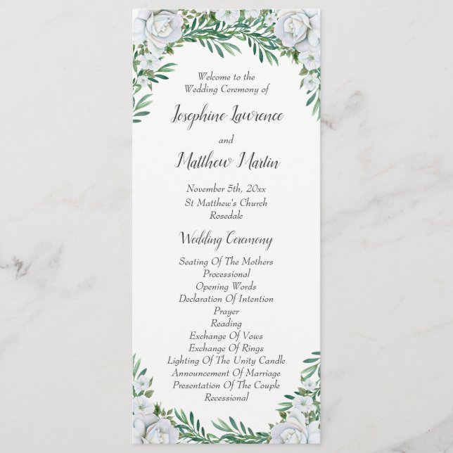 White Roses Greenery Foliage Wedding Program (Front)