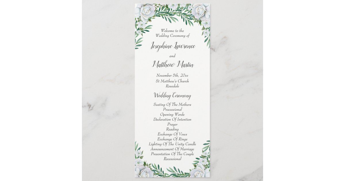 White Roses Greenery Foliage Wedding Program | Zazzle