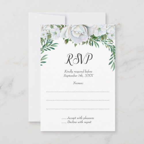 White Roses Greenery Foliage Wedding RSVP Card