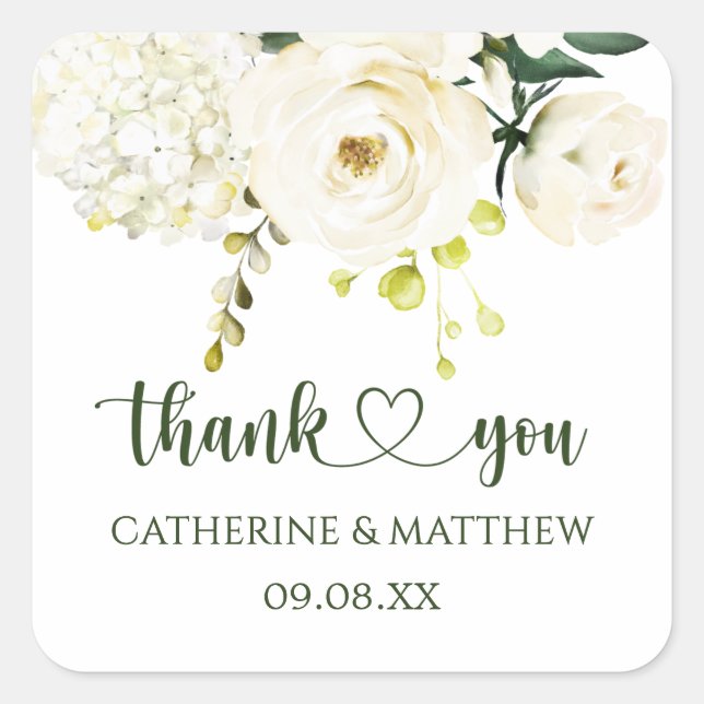 White Roses Greenery Foliage Wedding Square Sticker (Front)