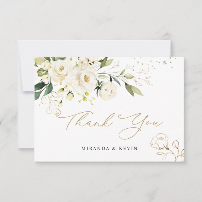 White Roses Greenery Foliage Wedding Thank You Card (Front)