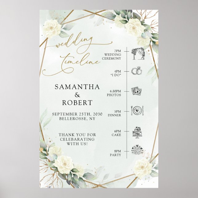 White Roses Greenery Gold Frame Timeline Sign (Front)