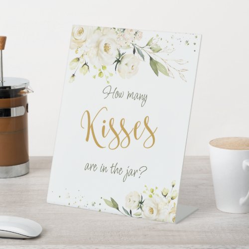 White Roses Greenery Guess How Many Kisses in Jar Pedestal Sign