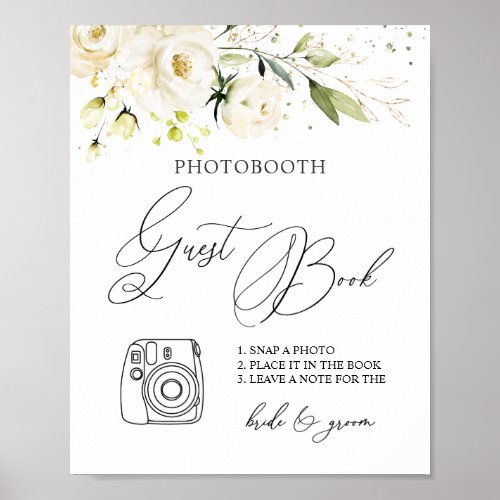 White Roses Greenery Photo Guest Book Sign Poster
