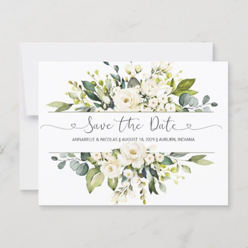 White Roses Greenery Save the Date  Postcard