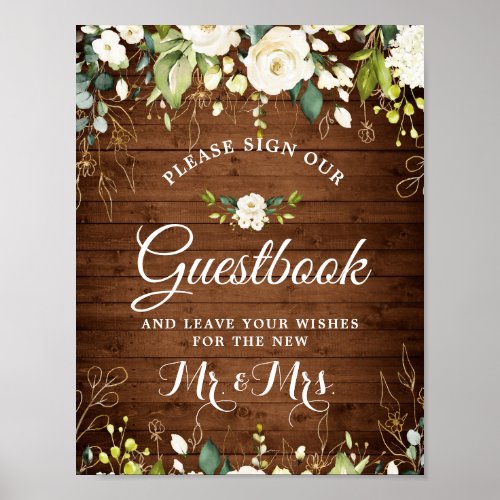 White Roses Greenery Sign Our Guestbook Poster