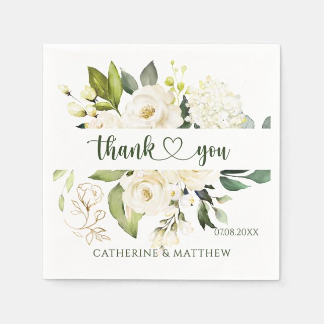 White Roses Greenery Thank You  Napkins (Front)