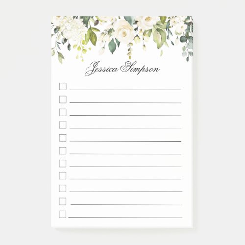 White Roses Greenery Watercolor Floral To_Do List Post_it Notes