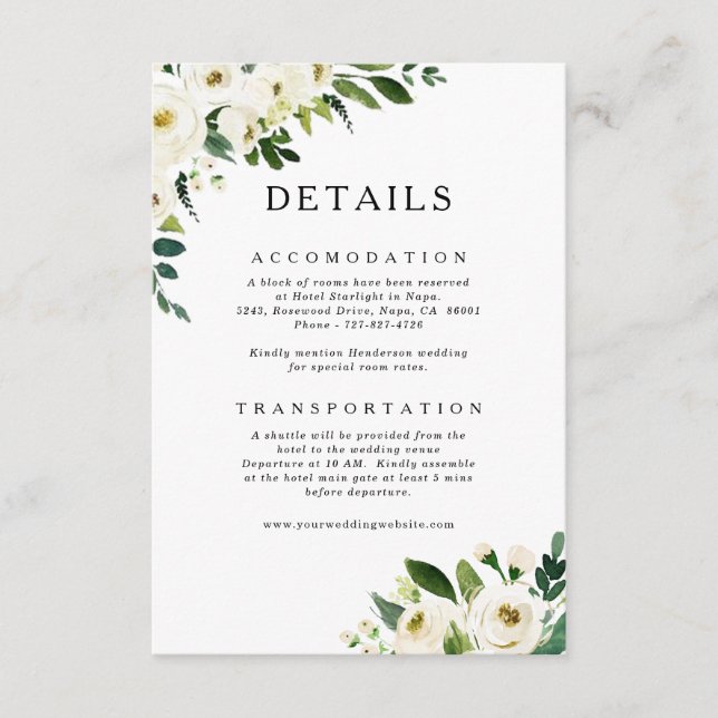 White Roses Greenery Wedding Details Card (Front)