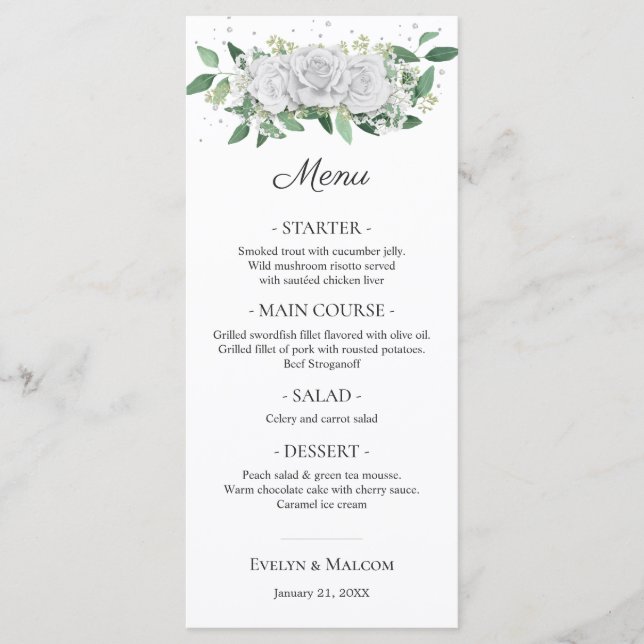 White Roses Greenery Wedding Dinner Menu (Front)