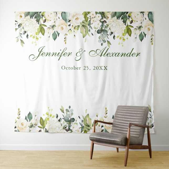 White Roses Greenery Wedding Photo Booth Backdrop (In Situ (Horizontal))