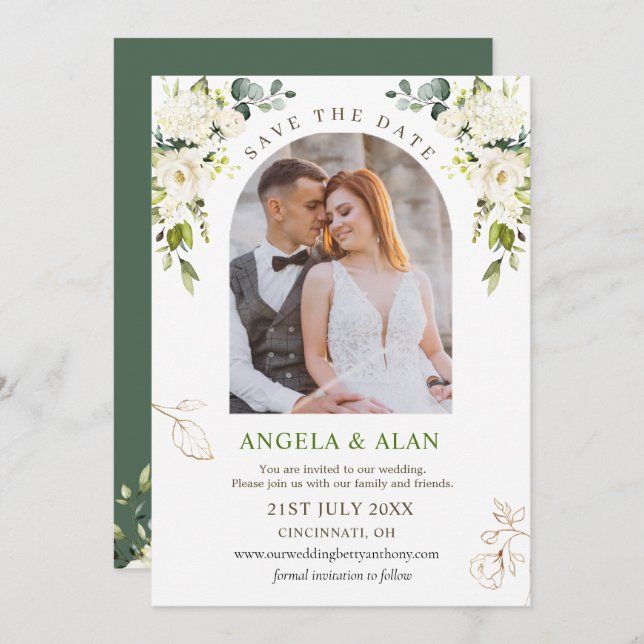 White Roses Greenery Wedding Save the Date  Invitation (Front/Back)