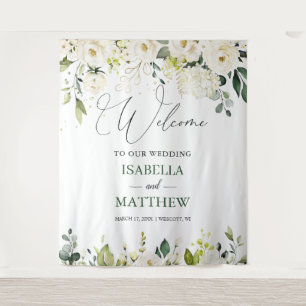 White Roses Greenery Wedding Welcome Sign Tapestry
