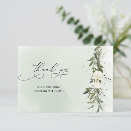 White Roses Greenery Wreath Olive Baby Thank You Enclosure Card