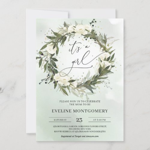 White Roses Greenery Wreath Olive Its a Girl Invitation