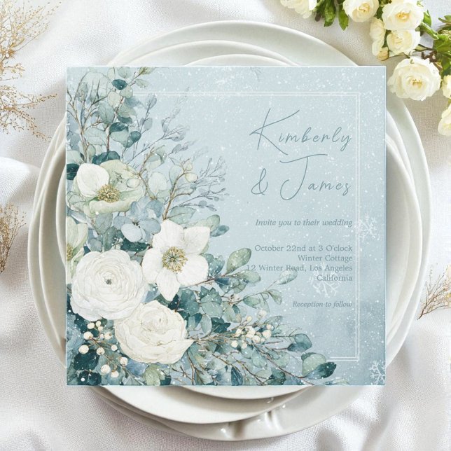 White Roses Hellebores Silver Eucalyptus Wedding Invitation (White Roses Hellebores Silver Eucalyptus Wedding Invitation)