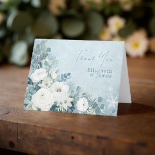 White Roses Hellebores Silver Eucalyptus Wedding Letterpress Thank You Card