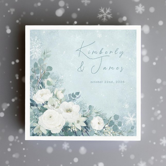 White Roses Hellebores Silver Eucalyptus Wedding Napkins (Creator Uploaded)