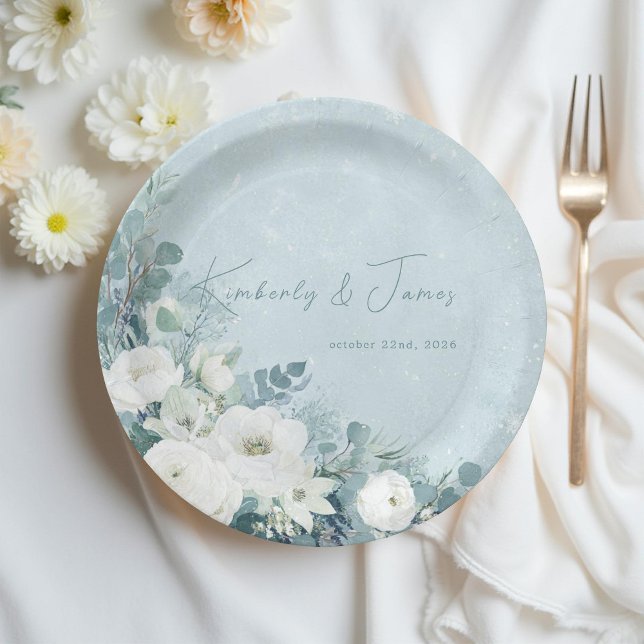 White Roses Hellebores Silver Eucalyptus Wedding Paper Plates (Creator Uploaded)