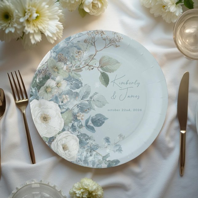 White Roses Hellebores Silver Eucalyptus Wedding Paper Plates (Creator Uploaded)